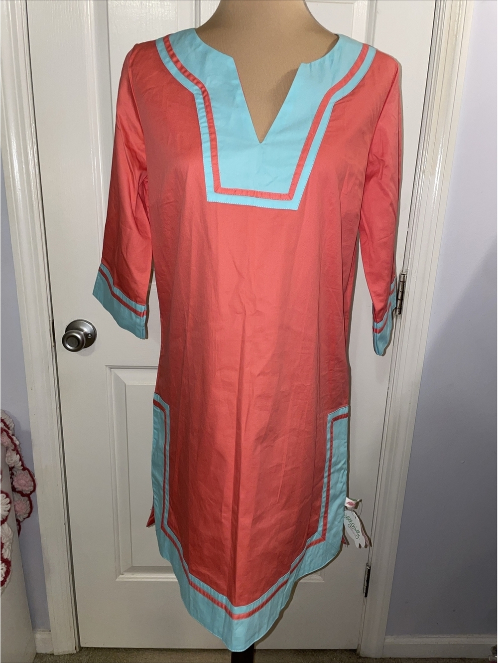 NWT Lolly Wolly Doodle Coral Teal sun/beach Shift dress Size Medium